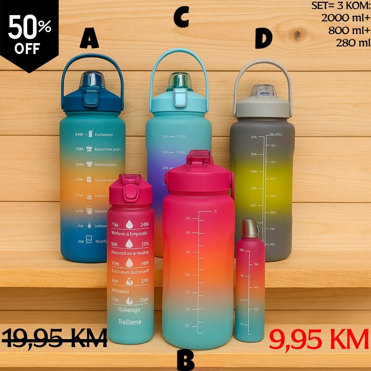 Set od pet gradijentnih bočica za vodu 2000ml+ s oznakama i ručkama