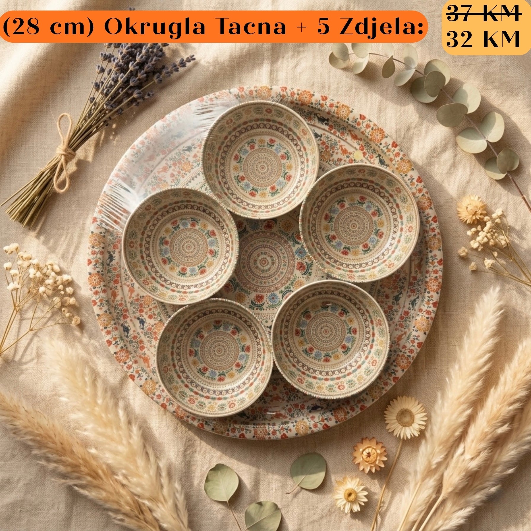 POKLON SET: Okrugla tacna s 5 zdjela s cvjetnim i geometrijskim uzorcima