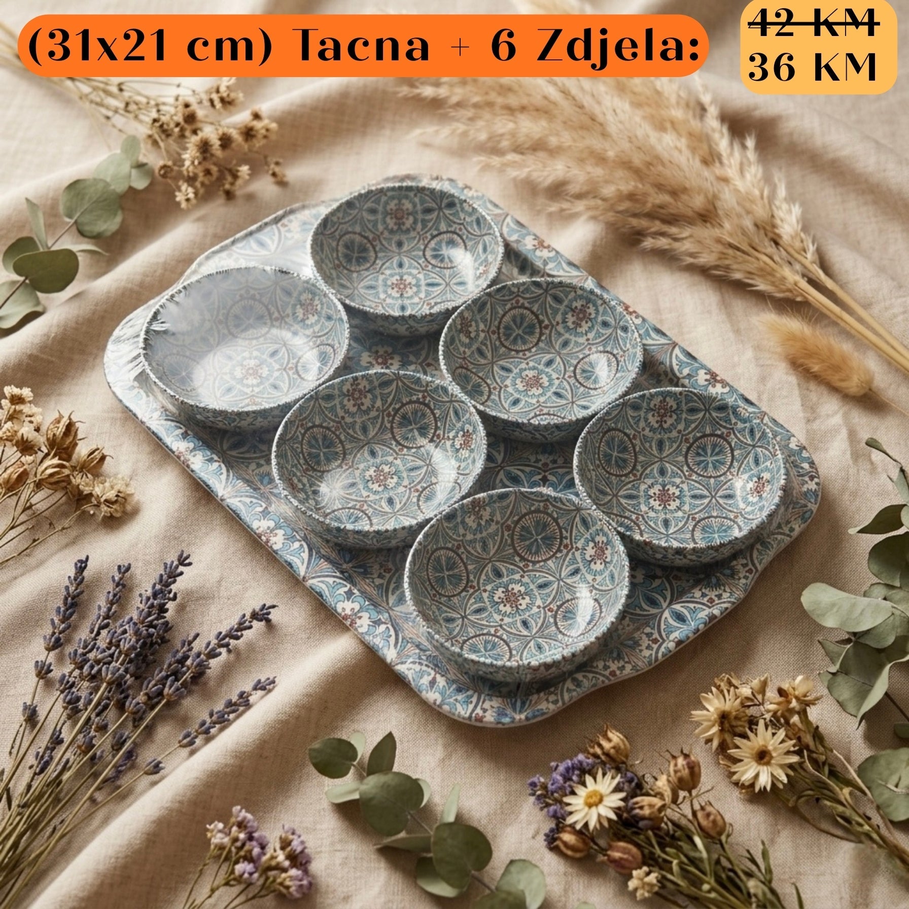 POKLON SET Tacna + 6 zdjela: šest keramičkih zdjela s plavo-sivim uzorcima na pladnju
