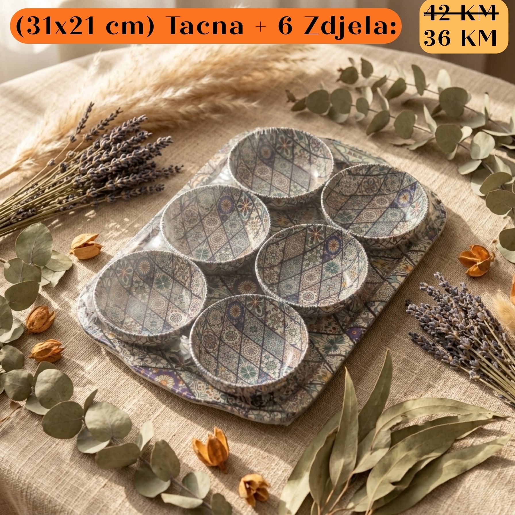 POKLON SET Tacna + 6 zdjela: 6 keramičkih zdjela s uzorcima na poslužavniku