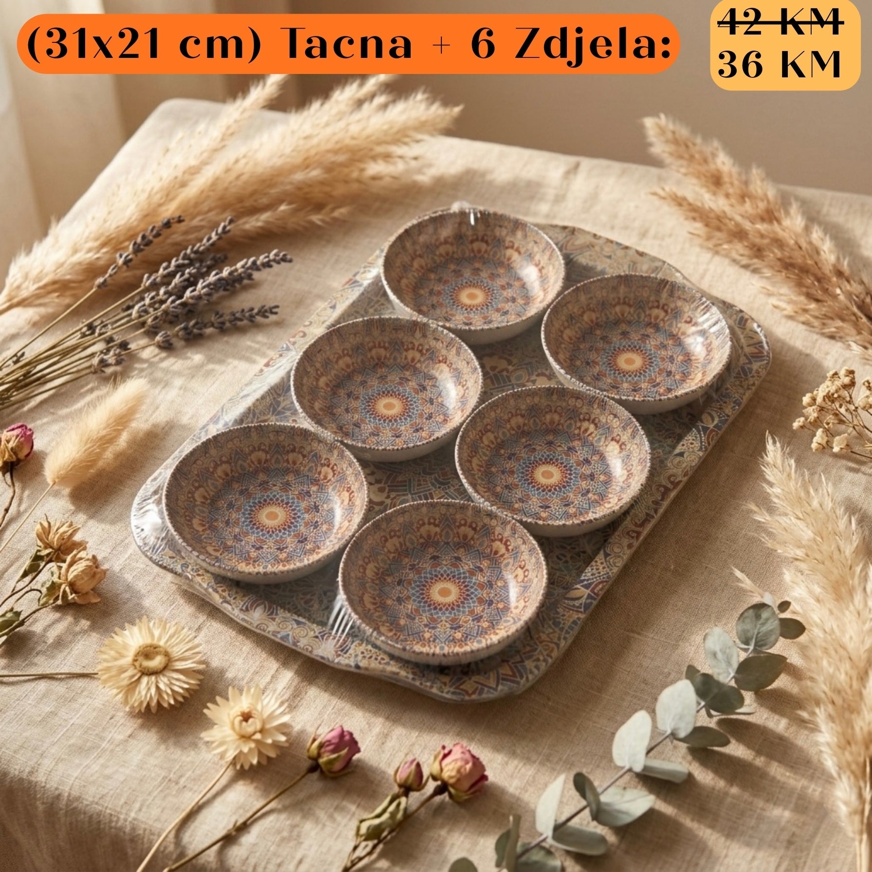 POKLON SET Tacna + 6 zdjela: 6 keramičkih zdjela s plavo-zlatnim mandalama na poslužavniku