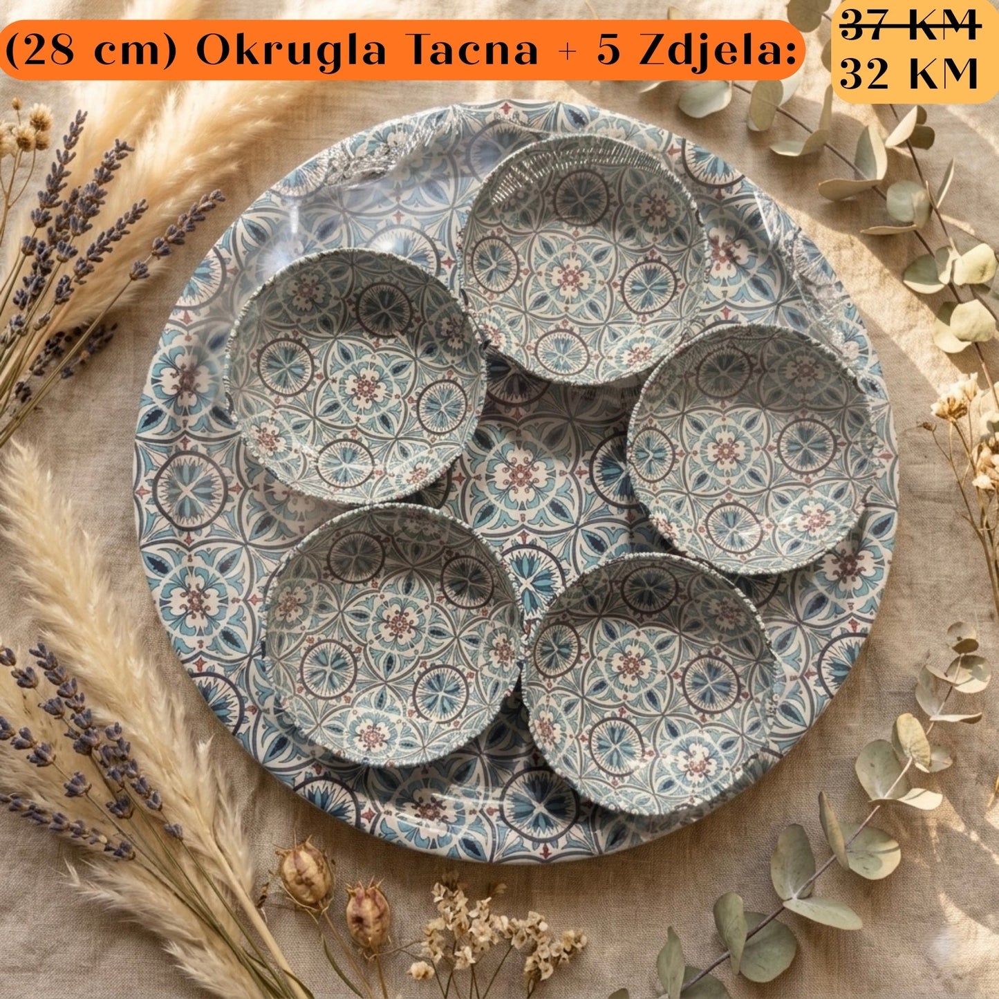 POKLON SET: Okrugla tacna + 5 zdjela u teal, sivoj i ružičastoj boji