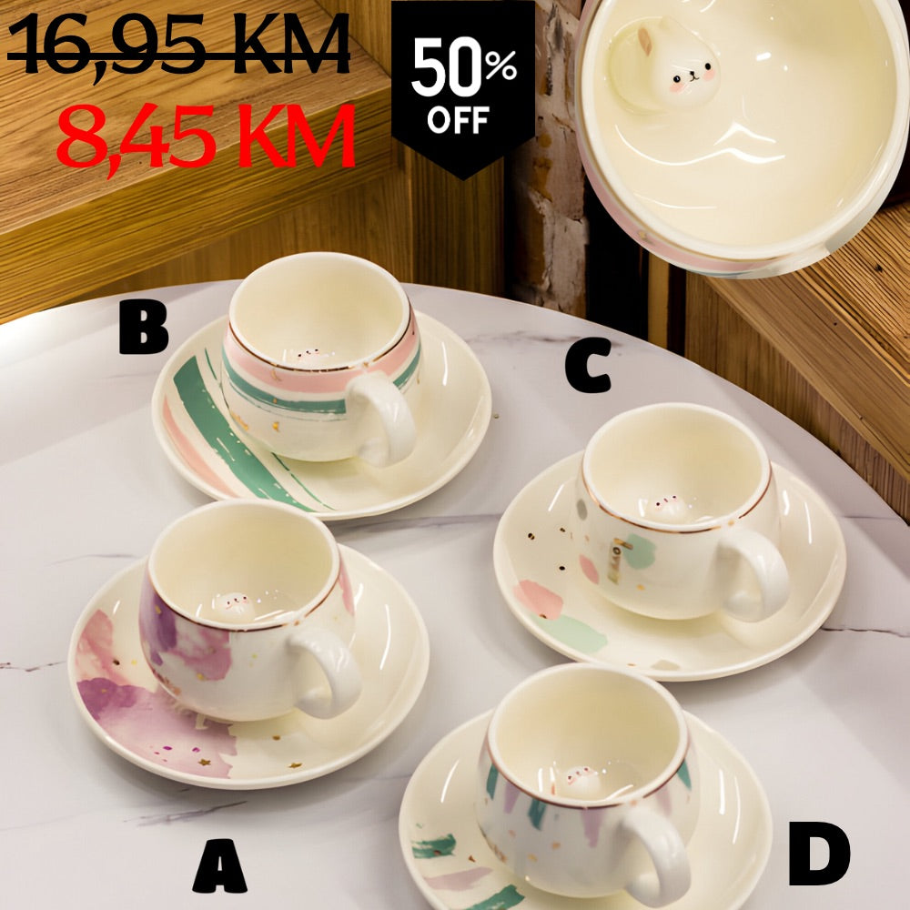 Sklop četiri proširene keramičke šolje za espresso s podmetačima u pastel bojama i nježnim uzorcima