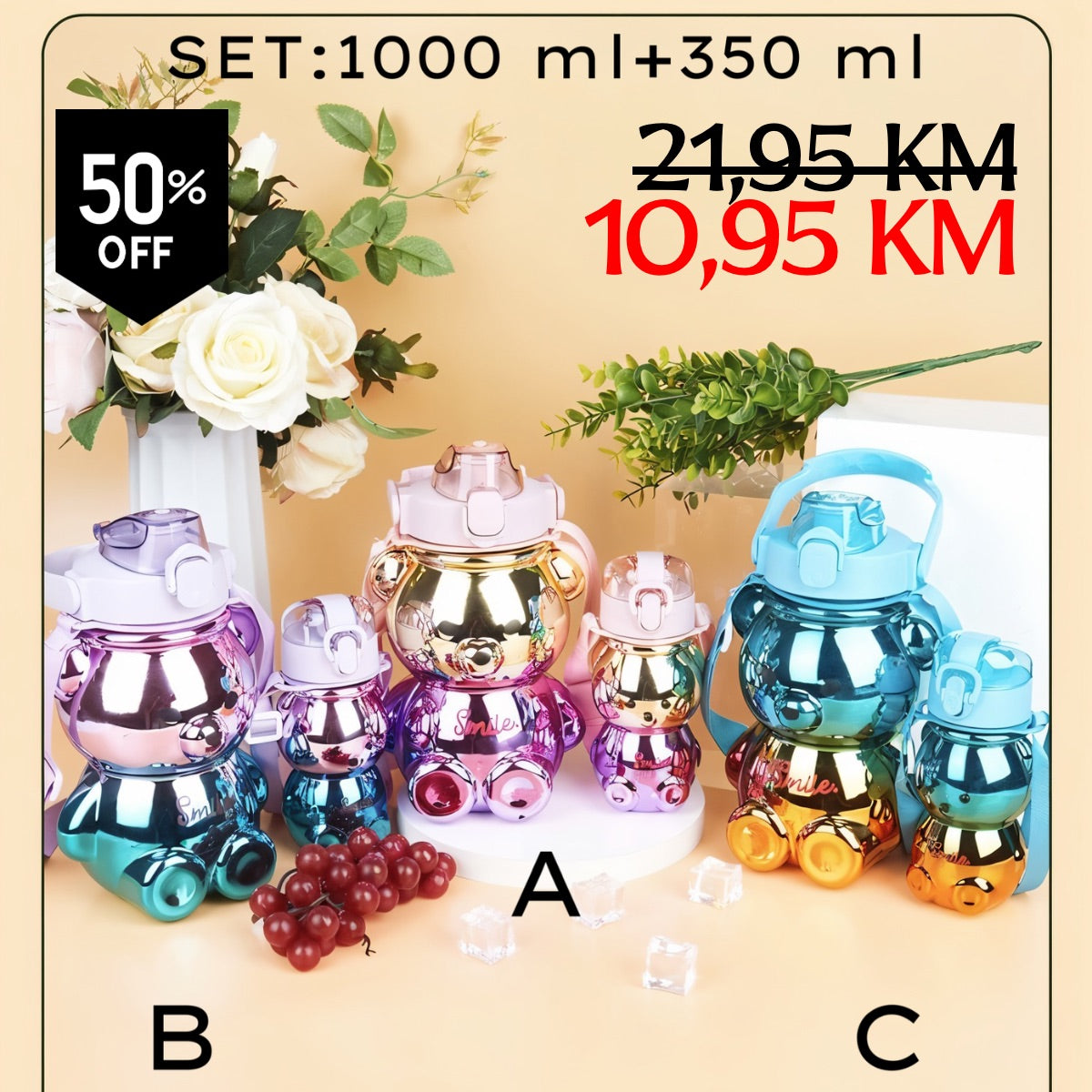 Set MEDO FLAŠA (2 kom) - šarene metalne medvjeđe boce za vodu
