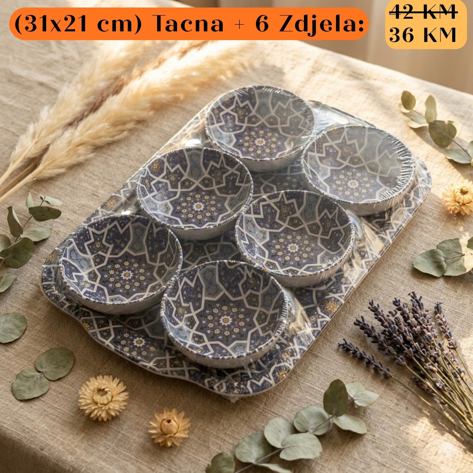 POKLON SET Tacna + 6 zdjela: 6 tamnoplavih keramičkih zdjela s bijelim uzorcima na pladnju
