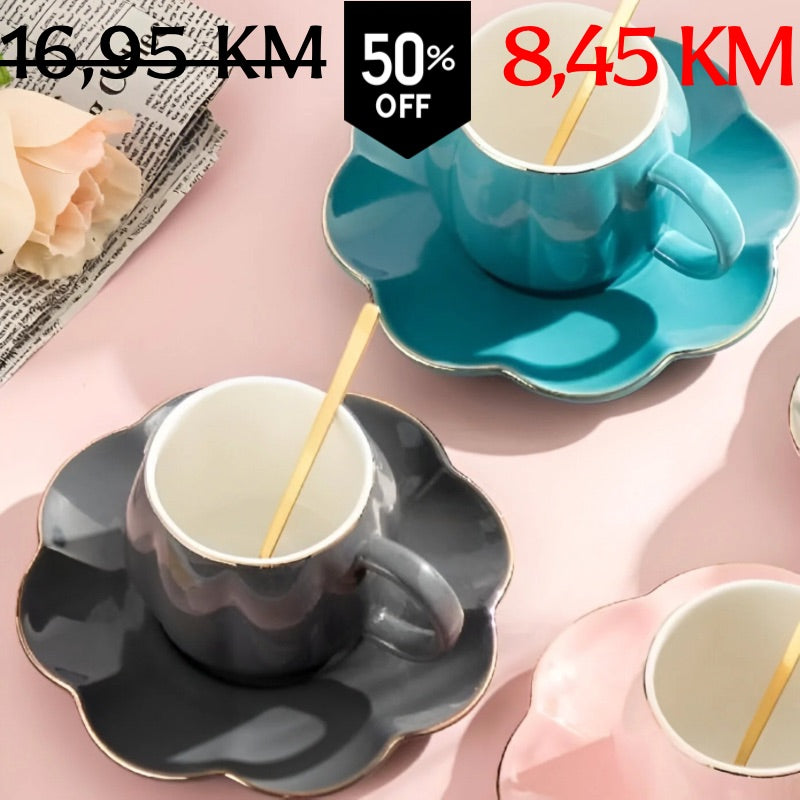 Trojset keramičkih šalica s valovitim tanjurom u teal, crnoj i ružičastoj boji s zlatnim rubom