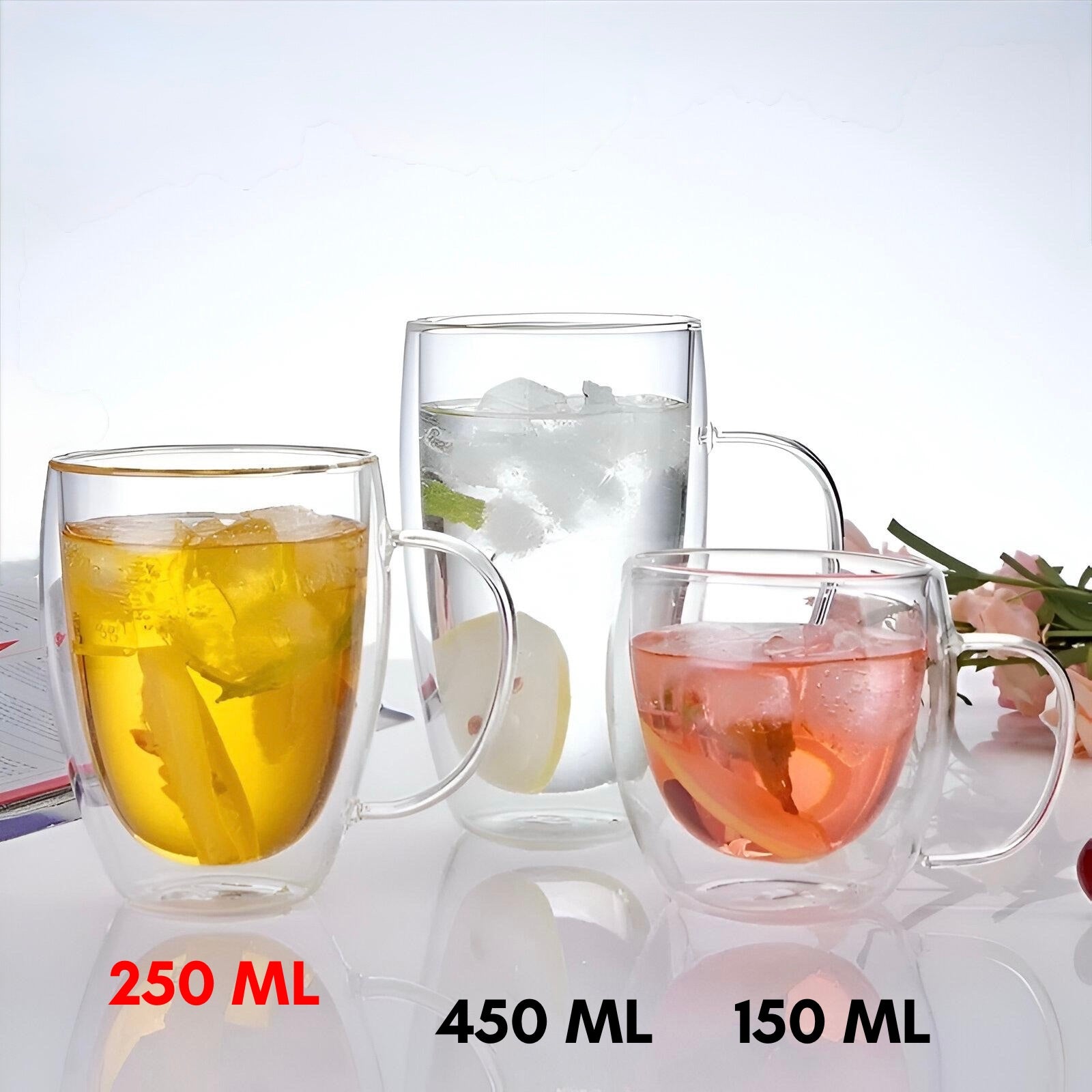 Set od tri prozirne dvostruko staklene šolje sa zlatnim rubom u 150ml 250ml i 450ml kapacitetima sa ledom i pićima