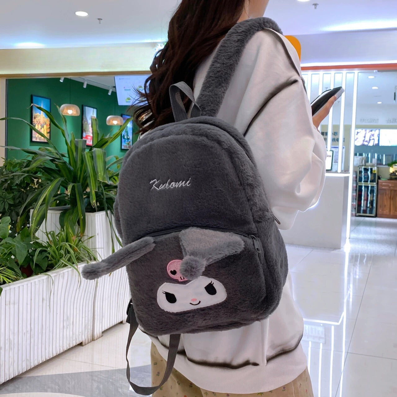 Gray plush Kuromi backpack from KUROMI PLIŠANA TORBICA collection