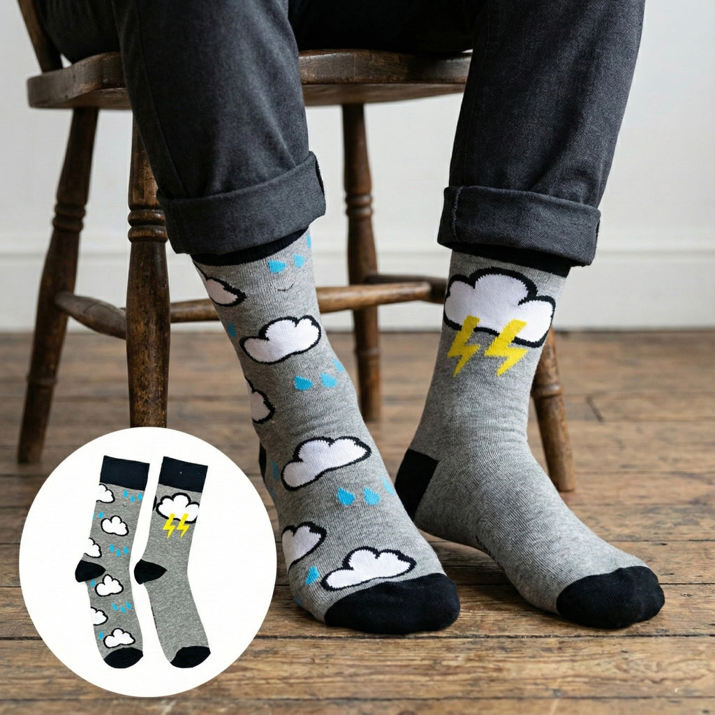 Sive kišne unisex čarape s oblakom i munjom