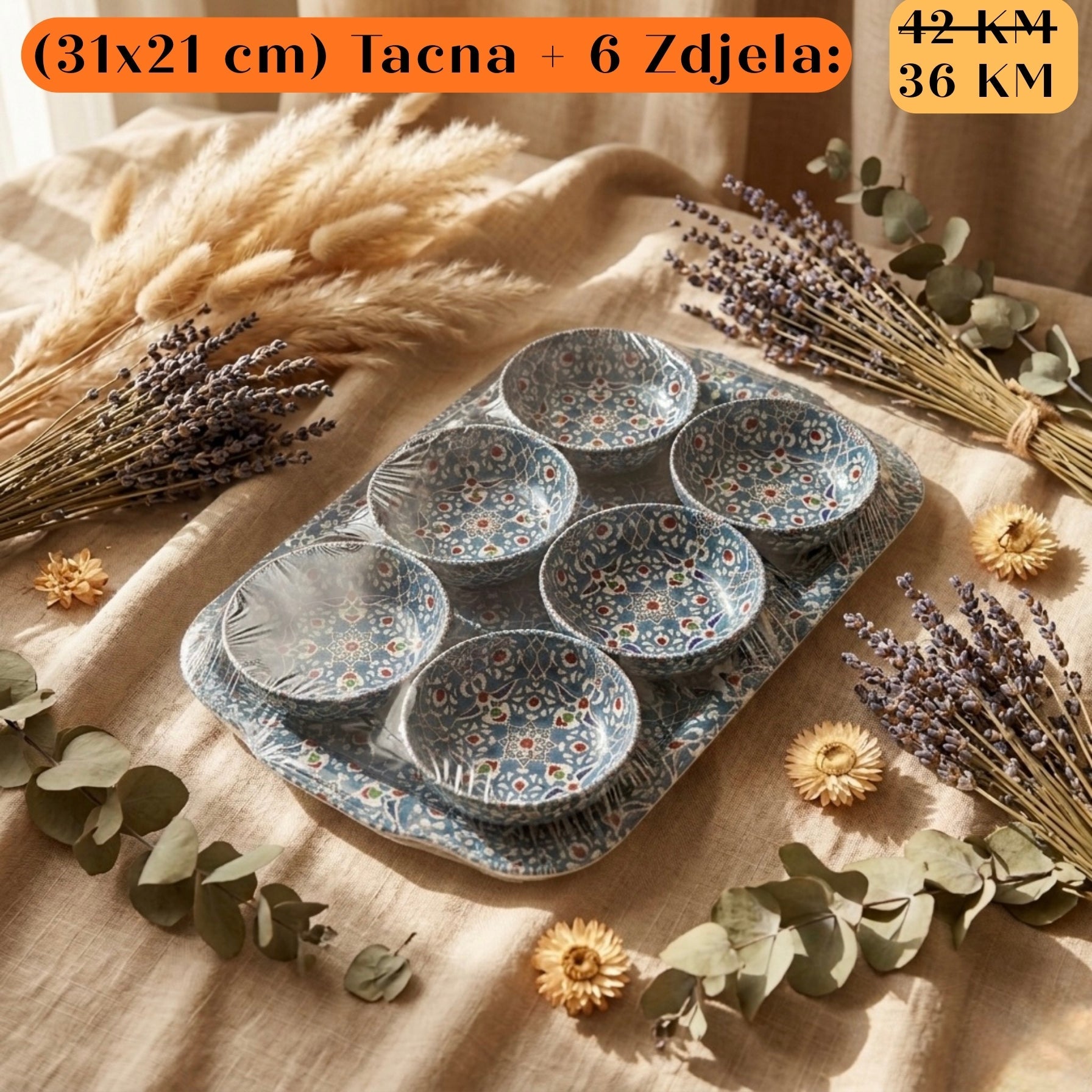 POKLON SET Tacna + 6 zdjela: 6 plavih keramičkih zdjela u poslužavniku s lavandom i eukaliptusom
