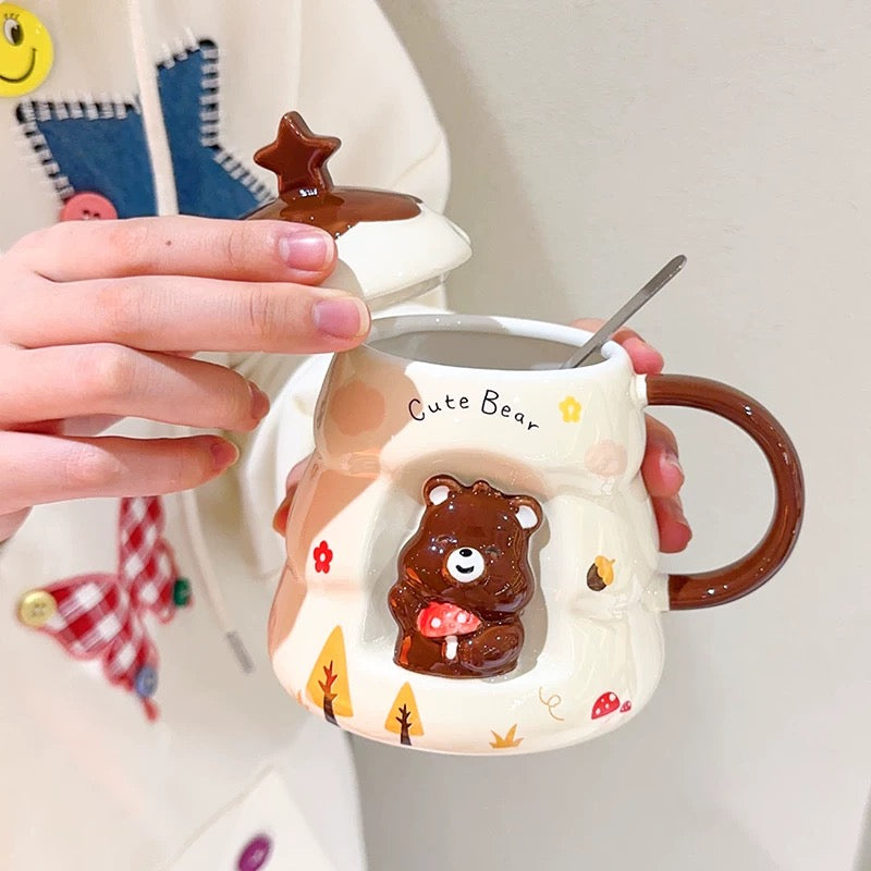 Cute medo keramička šolja set s poklopcem i kašikom za uživanje u čaju