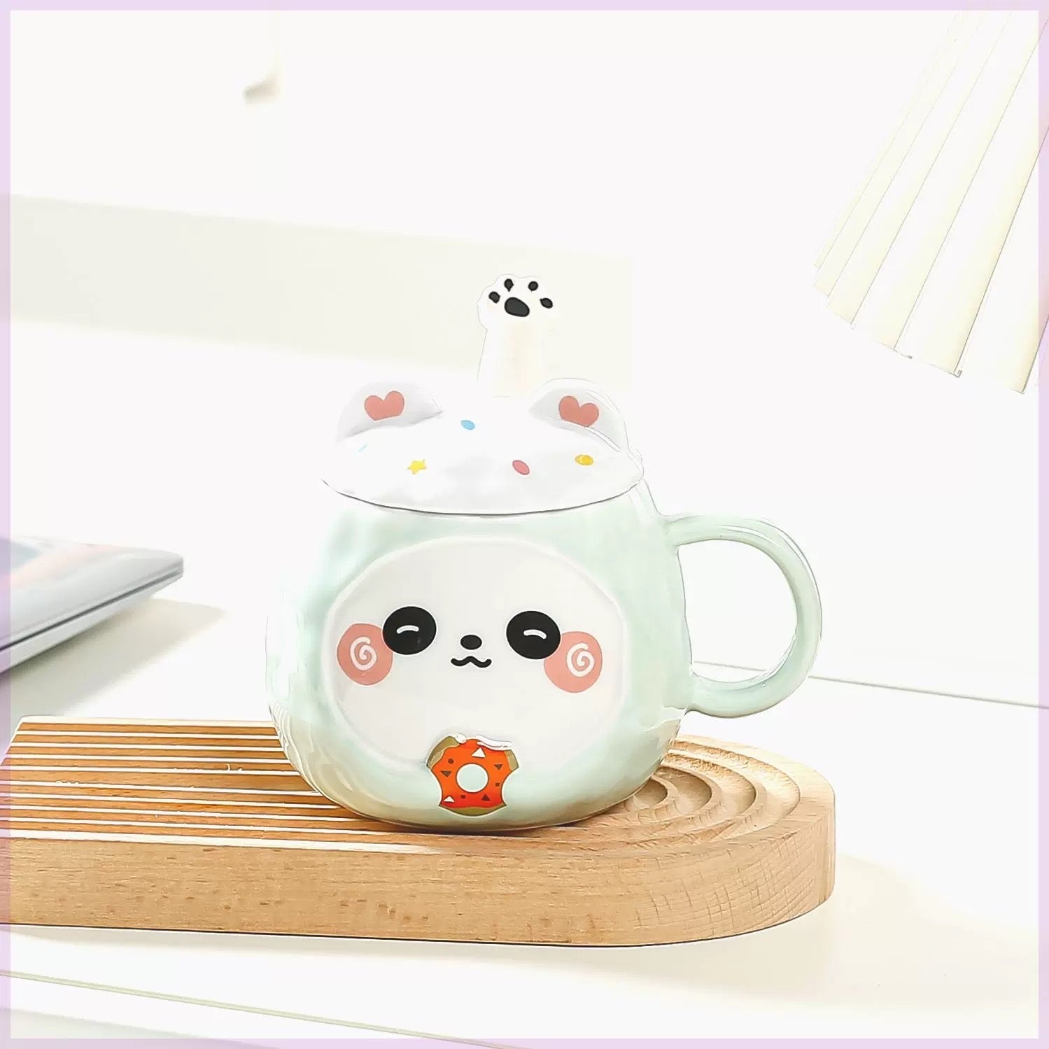 Slatka panda keramička šolja s poklopcem i kašikom, mačka panda keramička