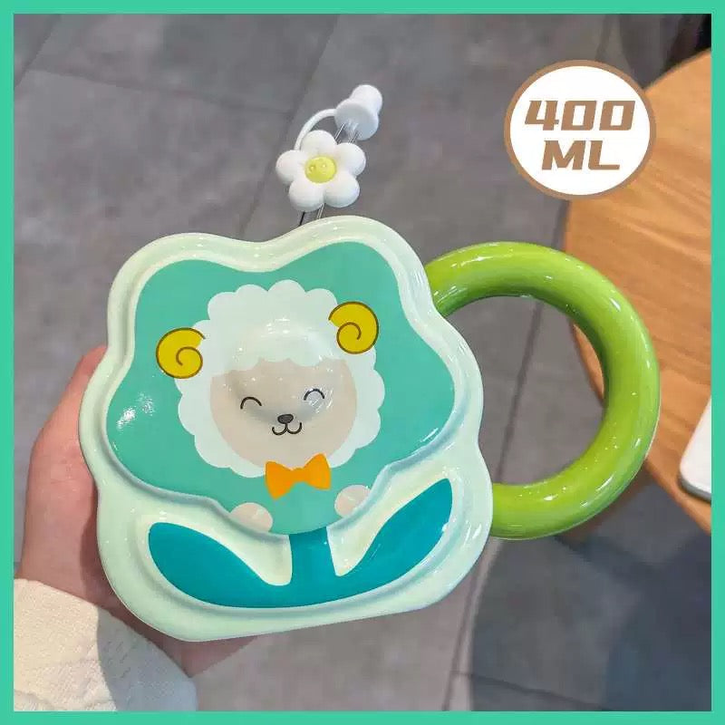 Sheep keramička šolja sa slamkom u obliku cvijeta sa zelenom drškom