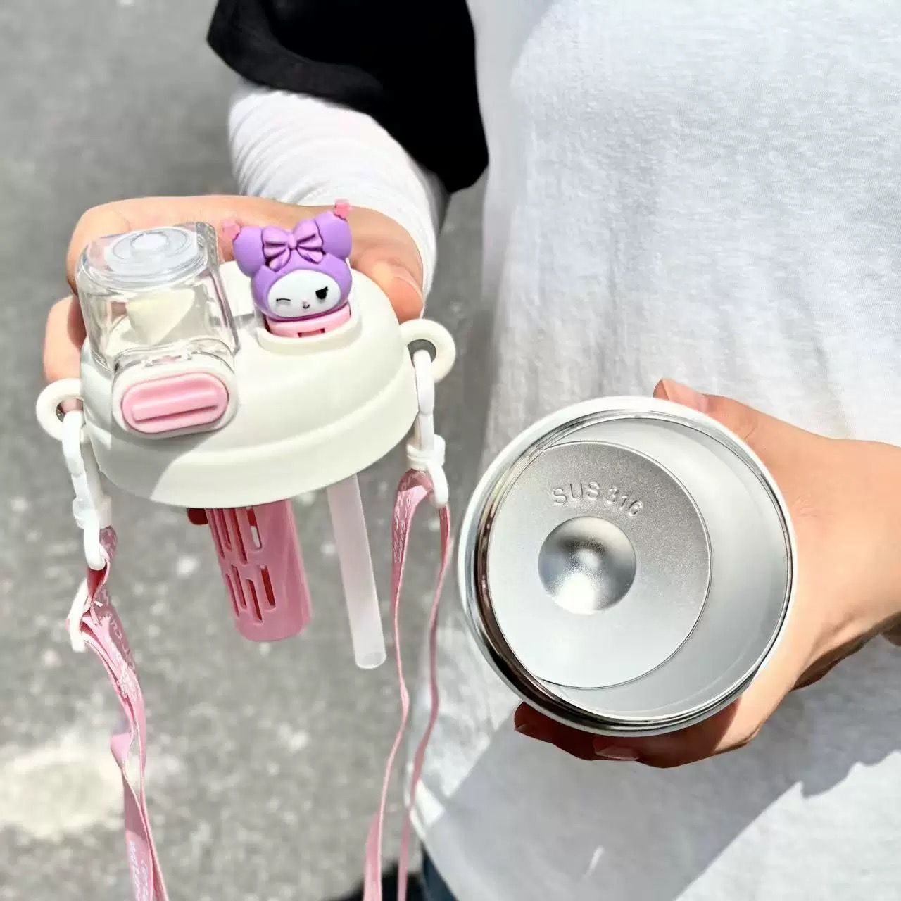 My melody kuromi termos boca od nehrđajućeg čelika 600 ml bijela i ružičasta s prozirnim dijelom i silikonskim remenom