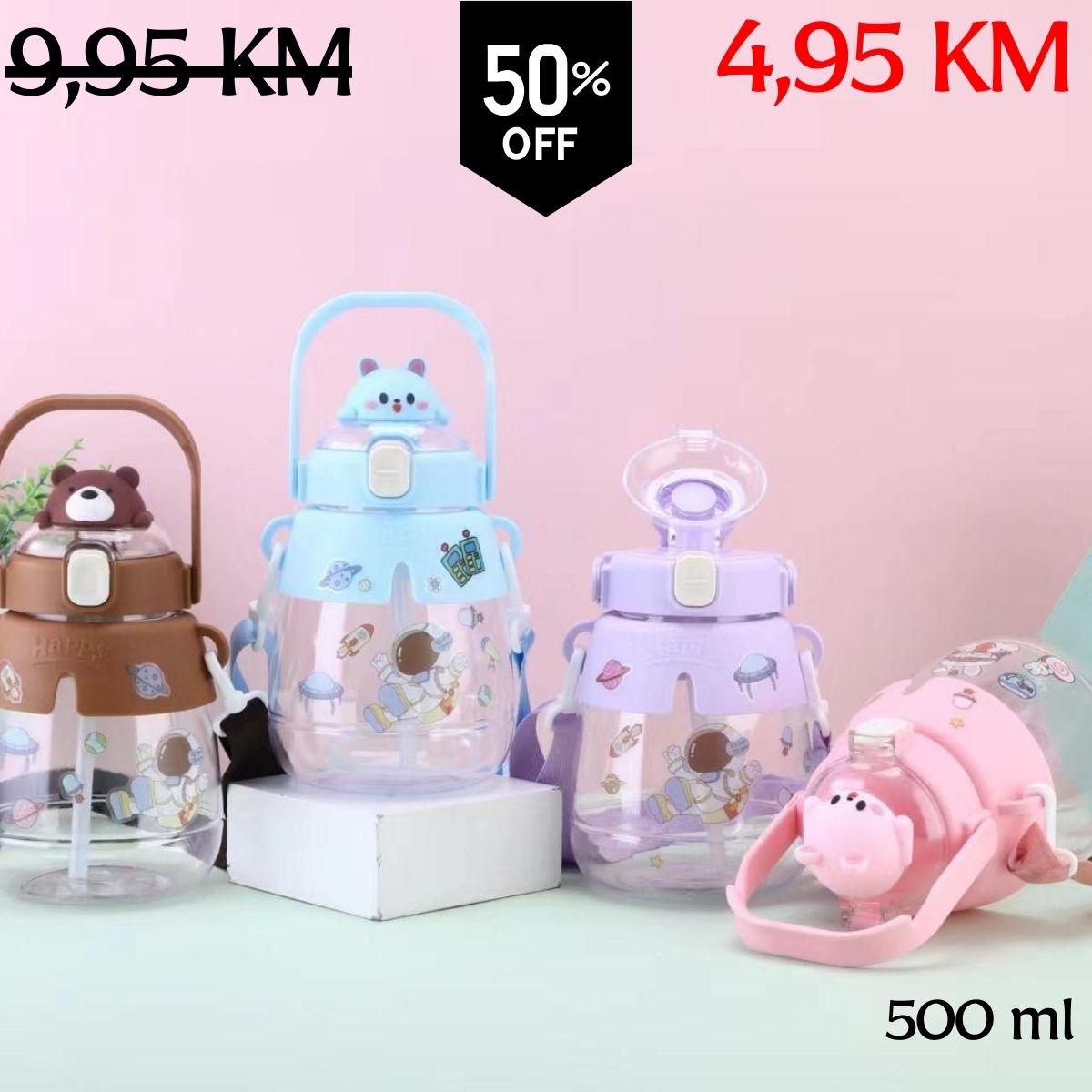 Slatke crtane flaše CUTE ANIMALS FLAŠA s rukama medvjeda, mačke i svinje u smeđoj, svijetlo plavoj, ljubičastoj i