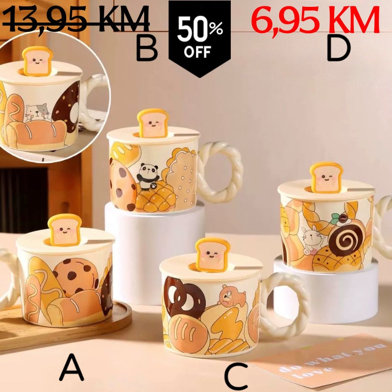 Slatka pastelna keramička šolja set s kruhom, žličicom i poklopcem