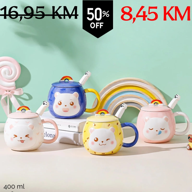Slatka keramička šolja Little Cat s medvjedićem, dužinastim poklopcem i žlicom