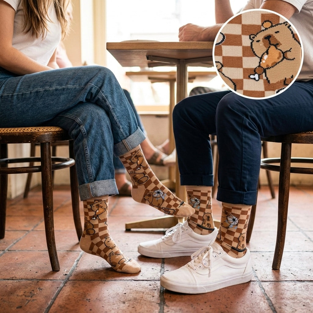 Slatke kožasto smeđe karirane čarape CAPYBARA ČARARPE s crtanim dabrom