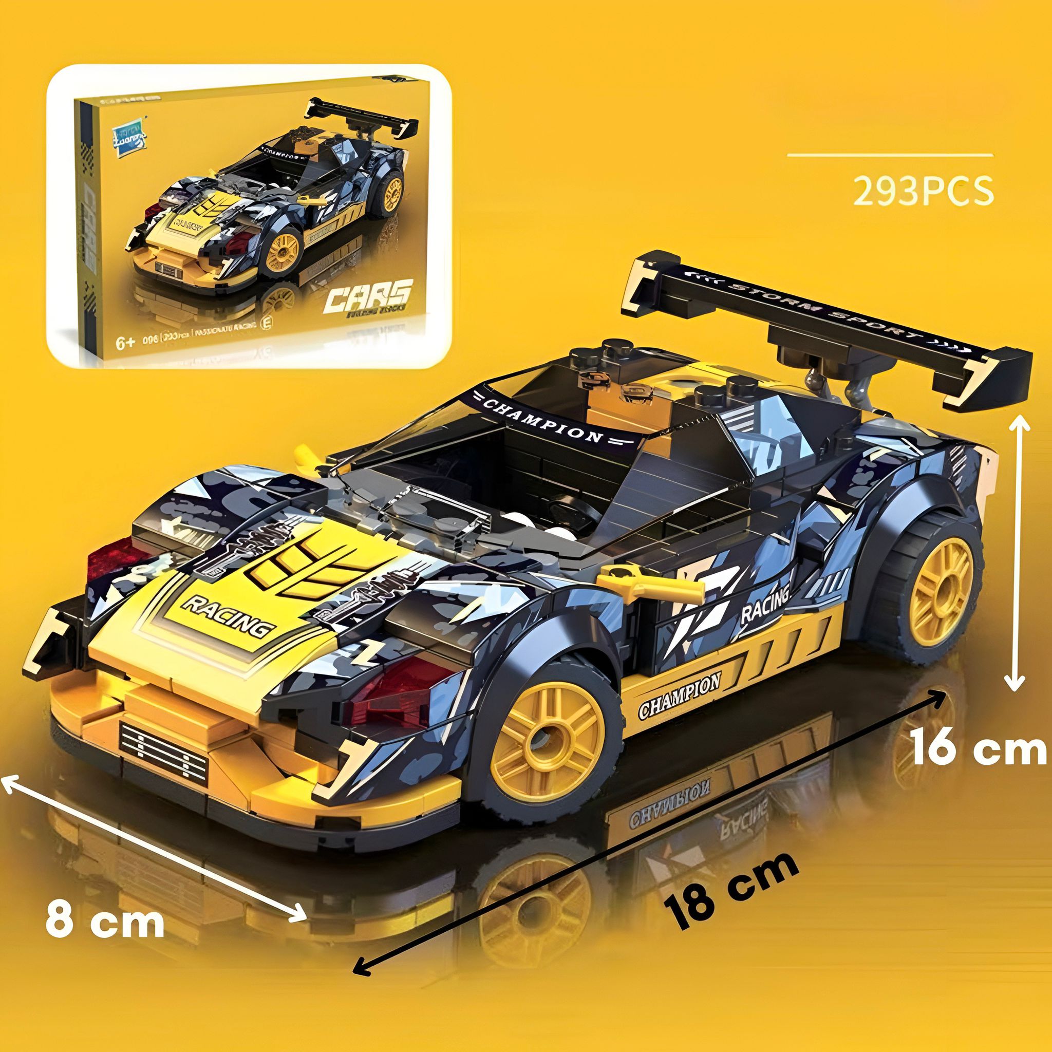 Žuti trkaći auto lego model crno žute boje s istaknutim racing i champion natpisima od plastike
