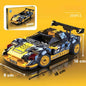 Žuti trkaći auto lego model crno žute boje s istaknutim racing i champion natpisima od plastike