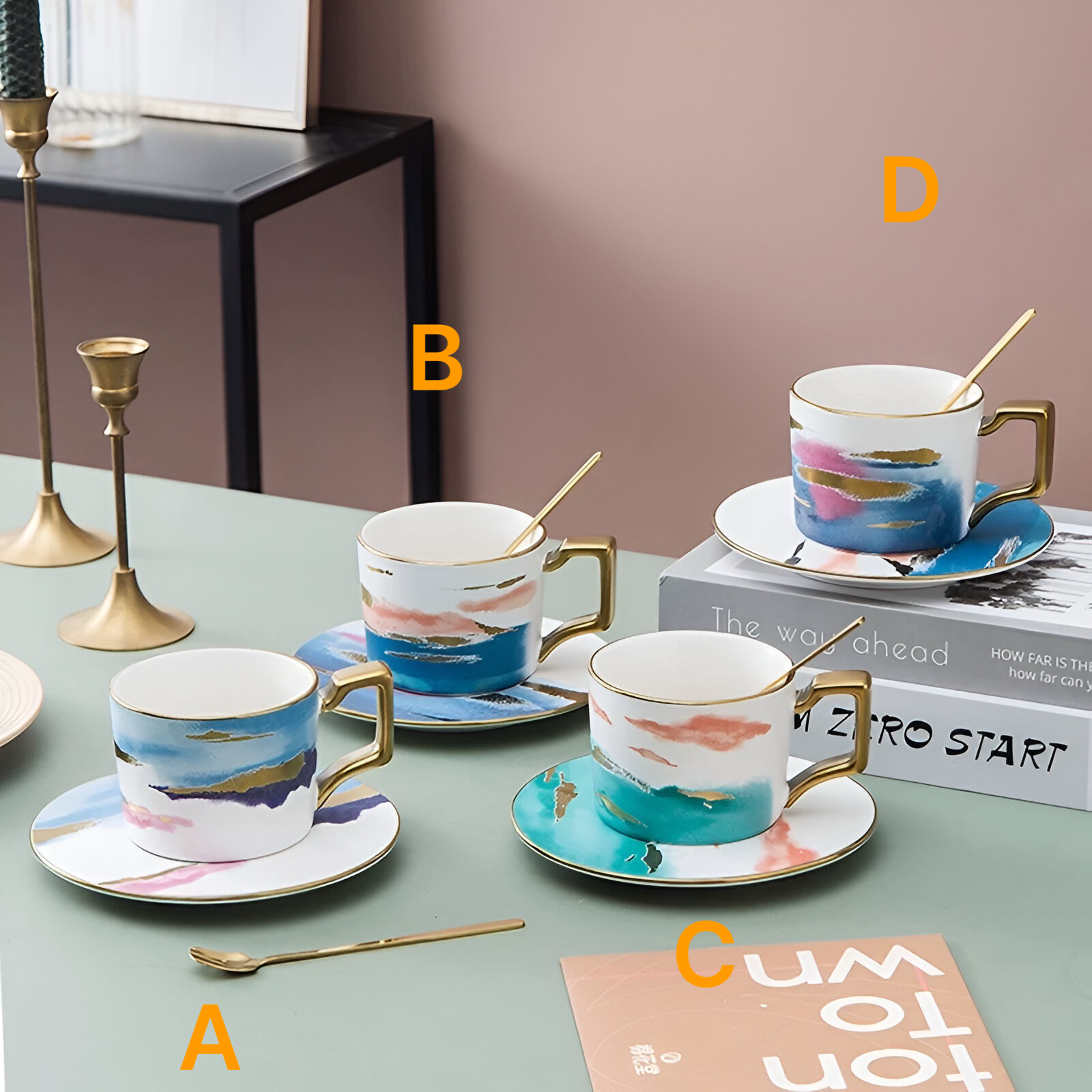 Vodcolorom oslikan keramički set čajnik s retro keramičkom šoljom i kašikom