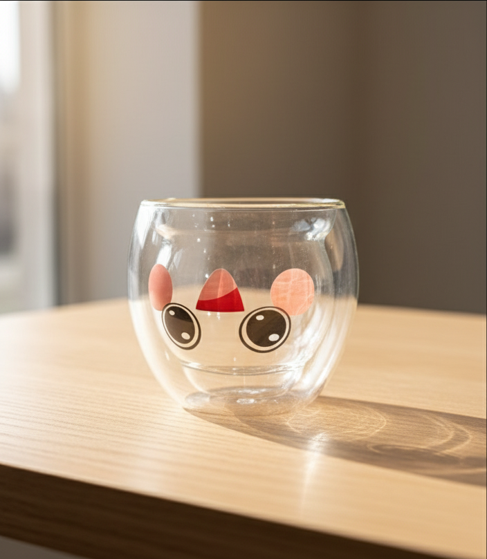 Stitch čaša duplo dno s jednorogom, crveni rog i uši, prozirno staklo