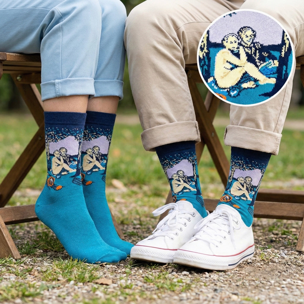 Svijetle plave čarape ART GIRL ČARAPE s umjetničkom scenom dviju figura