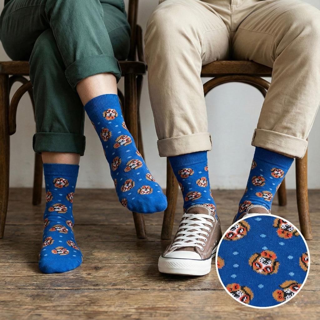 Svijetle plave čarape DOG FACE s motivom crtanih sova u narančastoj i smeđoj boji