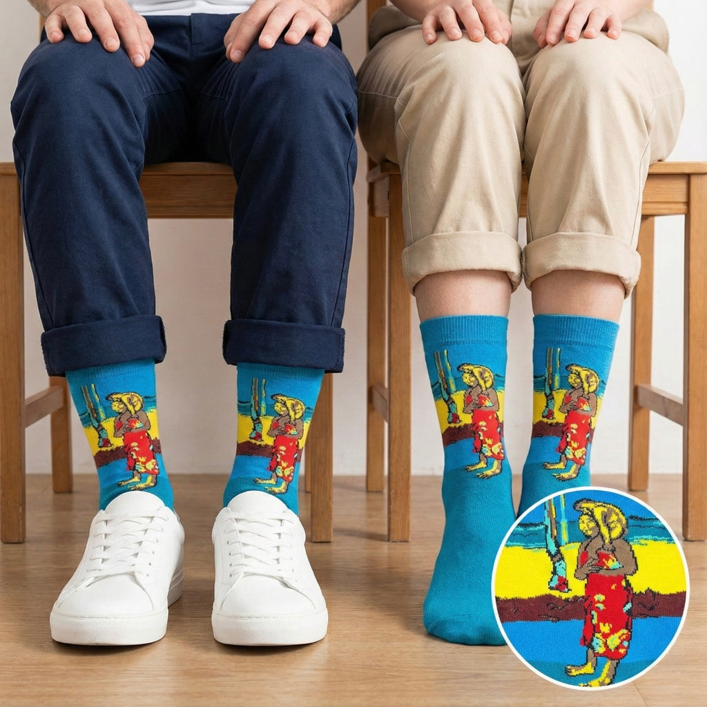 Svijetle plave čarape AFRICA ČARAPE s ilustracijom žene u crvenom pored kaktusa