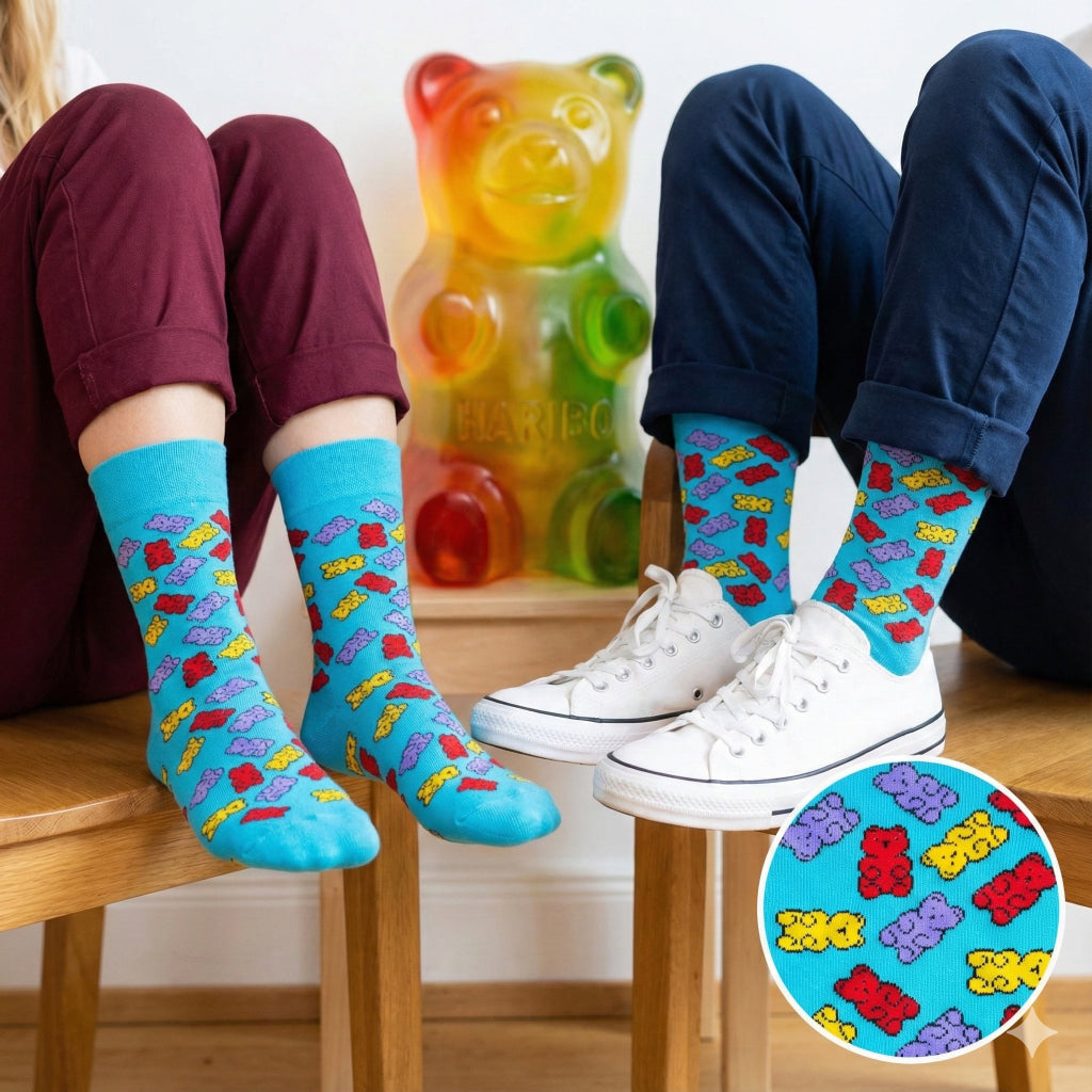 Sveske plave čarape HARIBO ČARAPE s crvenim, žutim i ljubičastim gumijastim medvjedićima