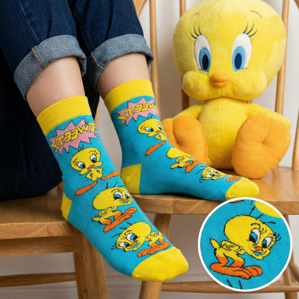 Svijetle plave i žute čarape Tweety Bird s crtanim printovima