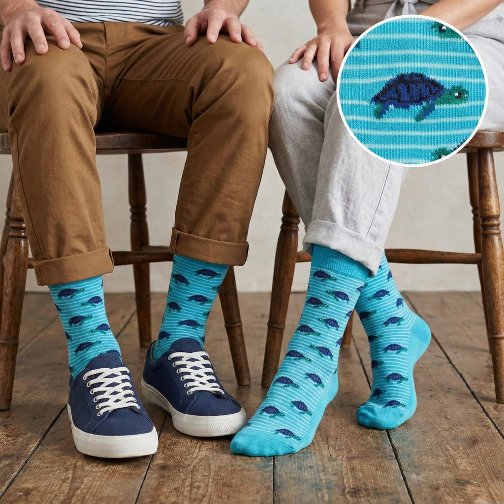 Svijetle tirkizne čarape TURTLE ČARAPE s tamnoplavim kornjačama na prugastoj podlozi