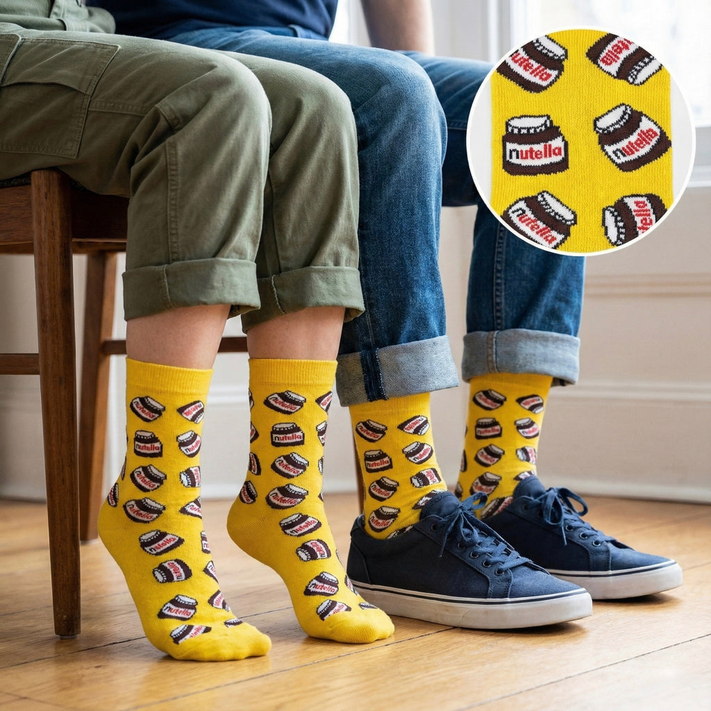 Svijetle žute čarape Nutella s uzorkom teglama u smeđoj i crvenoj boji