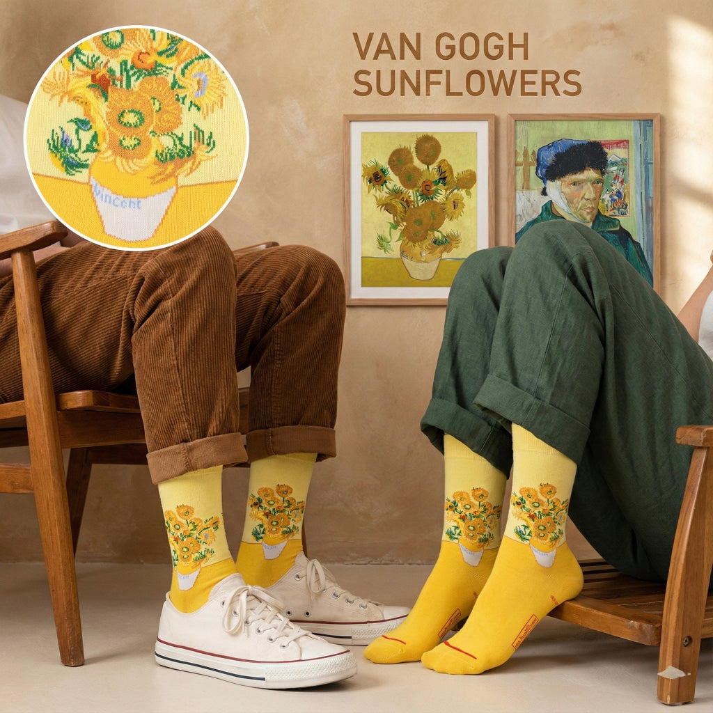 Žute čarape s vezom Sunčoliki Van Gogha u vazi i natpisom Vincent