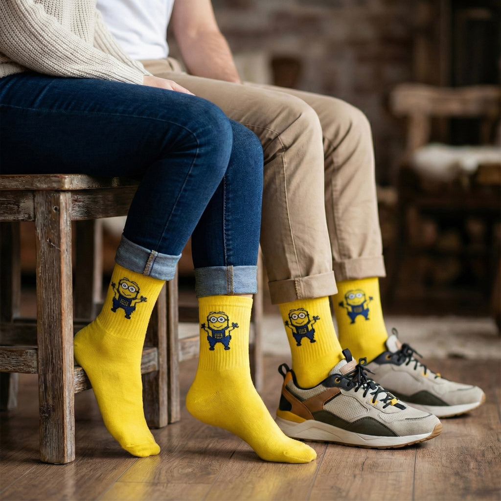 Žute čarape Minions s crtanim likom u plavim kombinezonima i naočalama