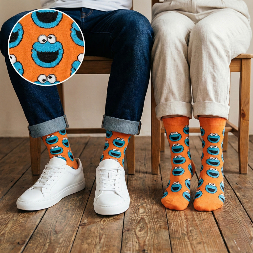 Svetle narančaste čarape Cookie Monster s plavim licima i crnim očima