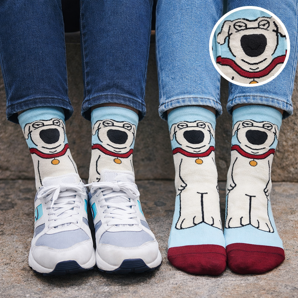 Svijetle plave i bijele čarape FAMILY GUY BRIAN s crnim očima i crvenim ovratnikom