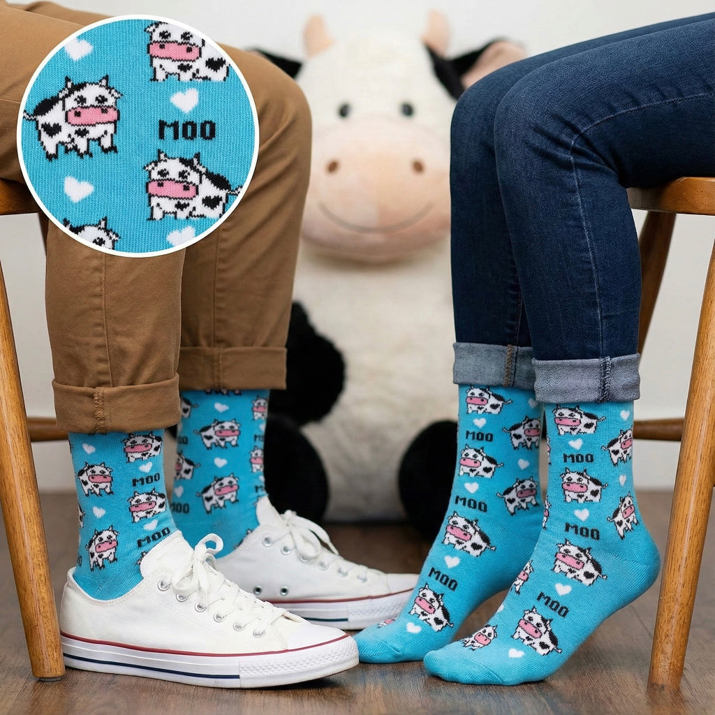 Plave plave čarape BLUE COW s pikseliziranim motivom krava i tekstom moo