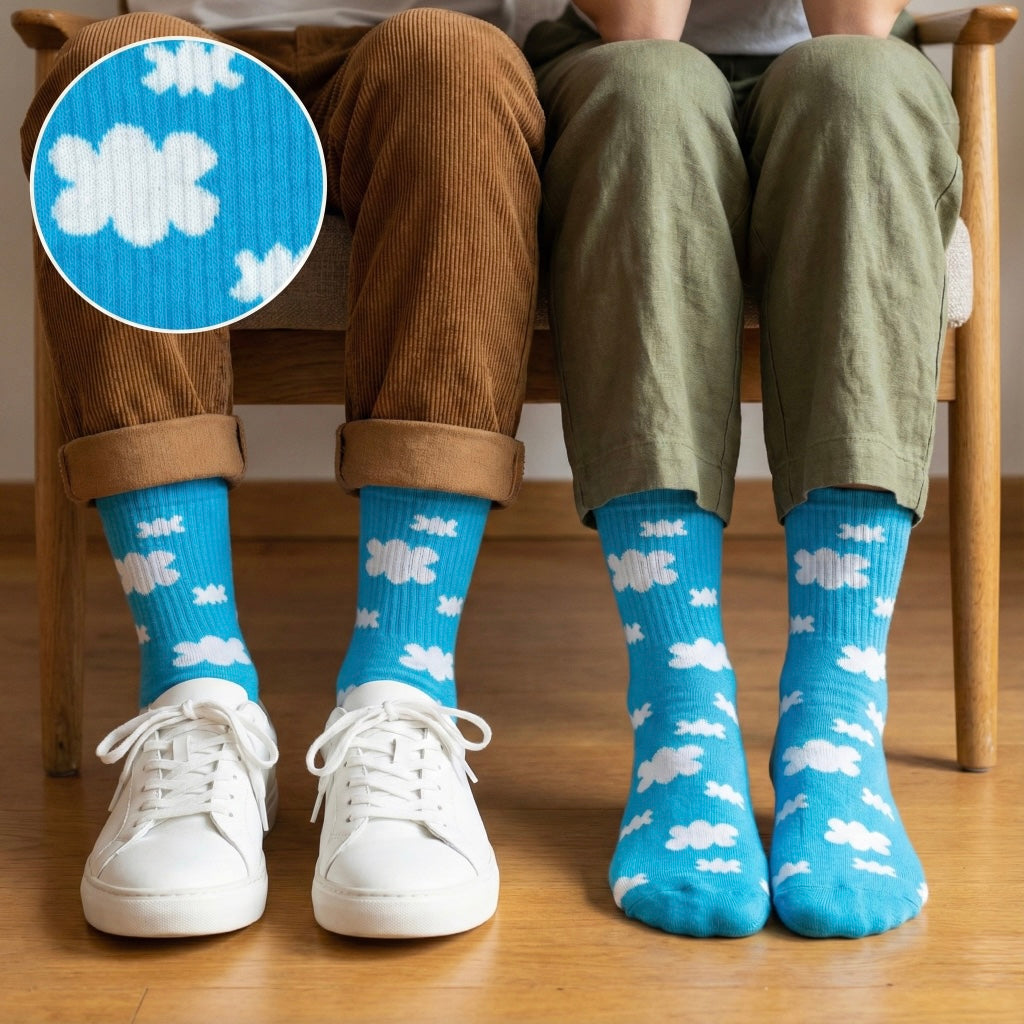 Svijetle plave čarape BLUE OBLAK ČARAPE s uzorkom bijelog oblaka od mekane pletene tkanine