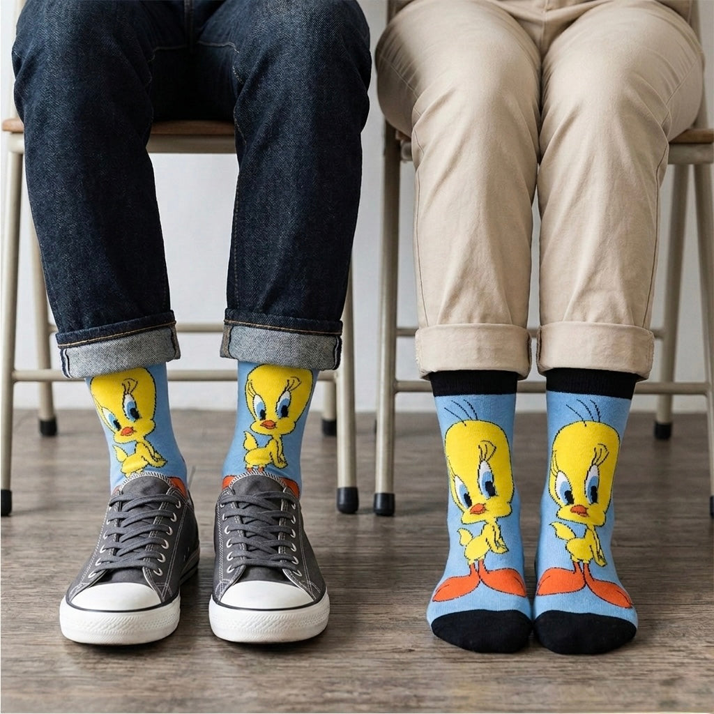 Svijetle plave posade čarape TWEETY s crtanim Tweetyjem i crnim prstima
