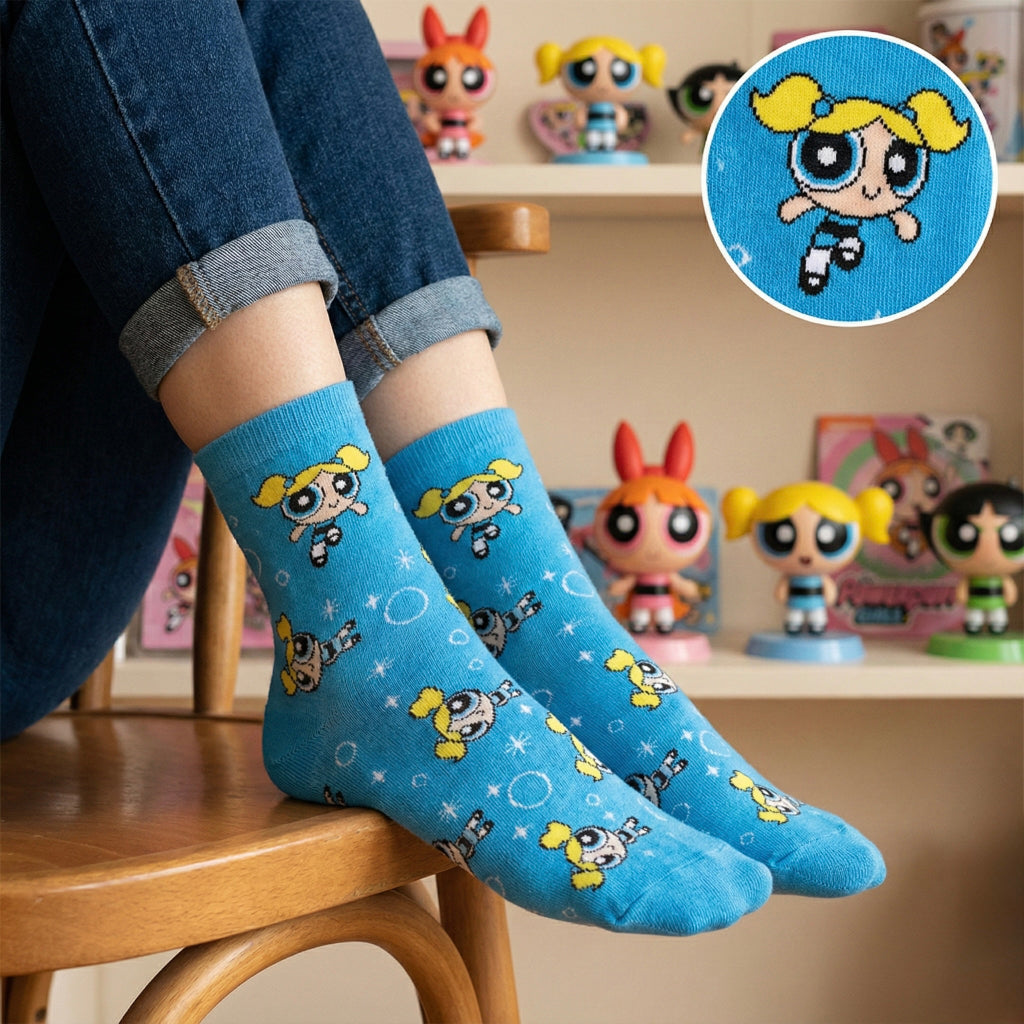 Svijetle plave čarape s Bubbles iz Powerpuff Girls, žute pletenice