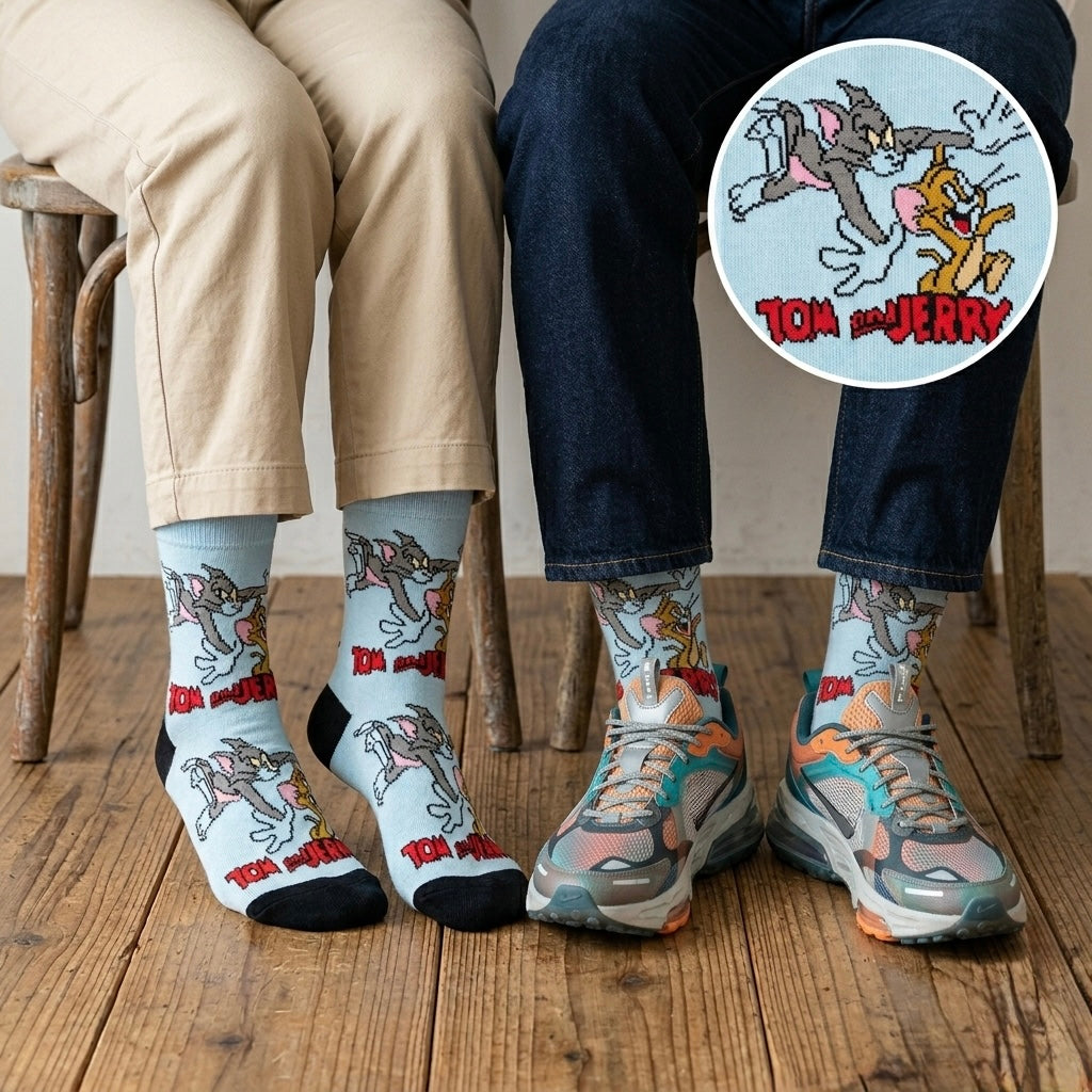 Svijetloplave tom and jerry čarape s crnim vrhovima i razigranim crtanim likovima u pokretu