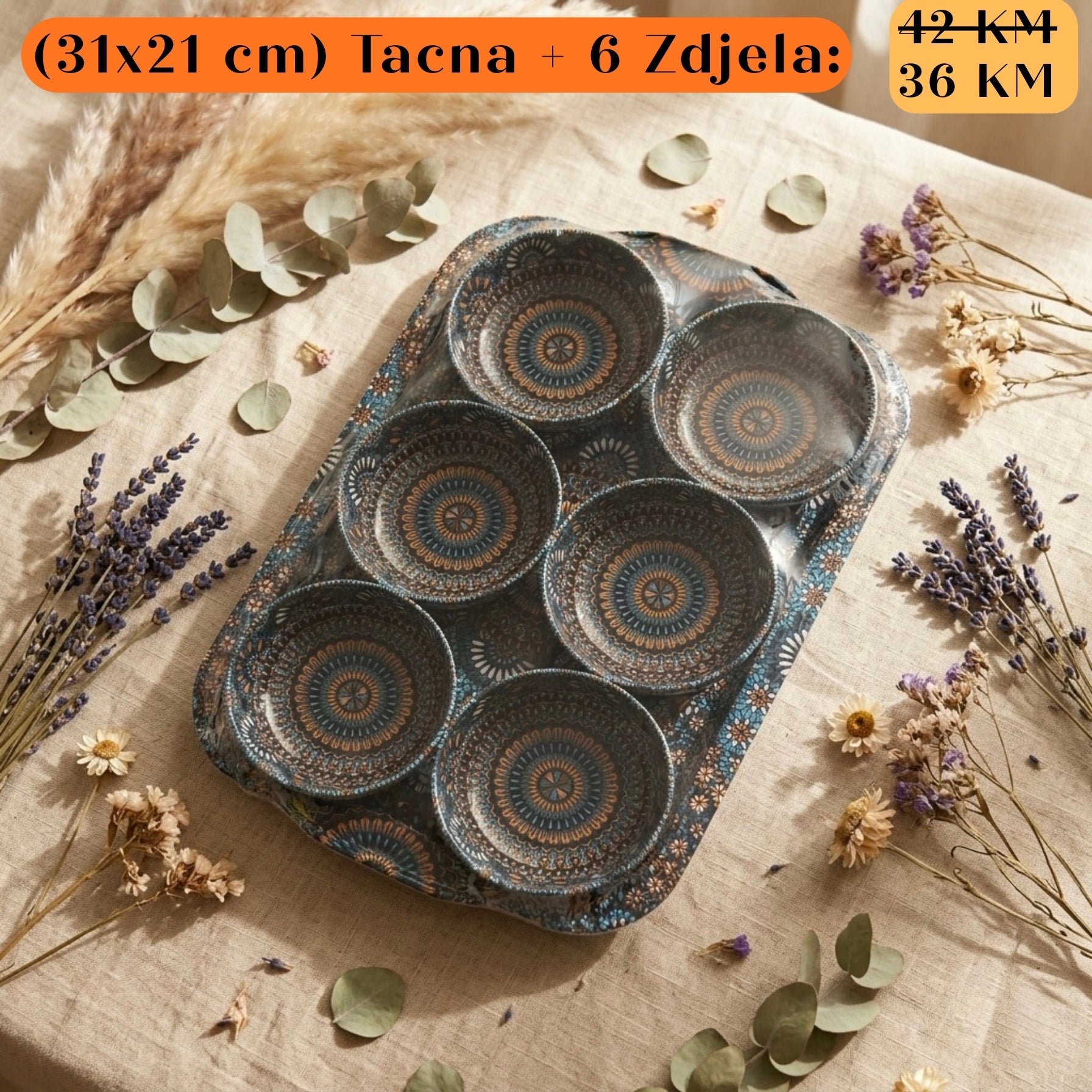 POKLON SET Tacna + 6 zdjela: tamno plava keramička posuda s 6 zdjela mandala uzorcima u zlatnoj i tirkiznoj boji