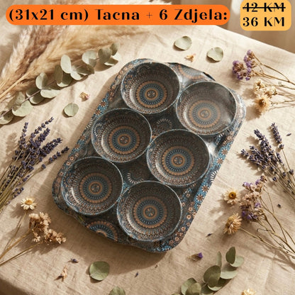 POKLON SET Tacna + 6 zdjela: tamno plava keramička posuda s 6 zdjela mandala uzorcima u zlatnoj i tirkiznoj boji