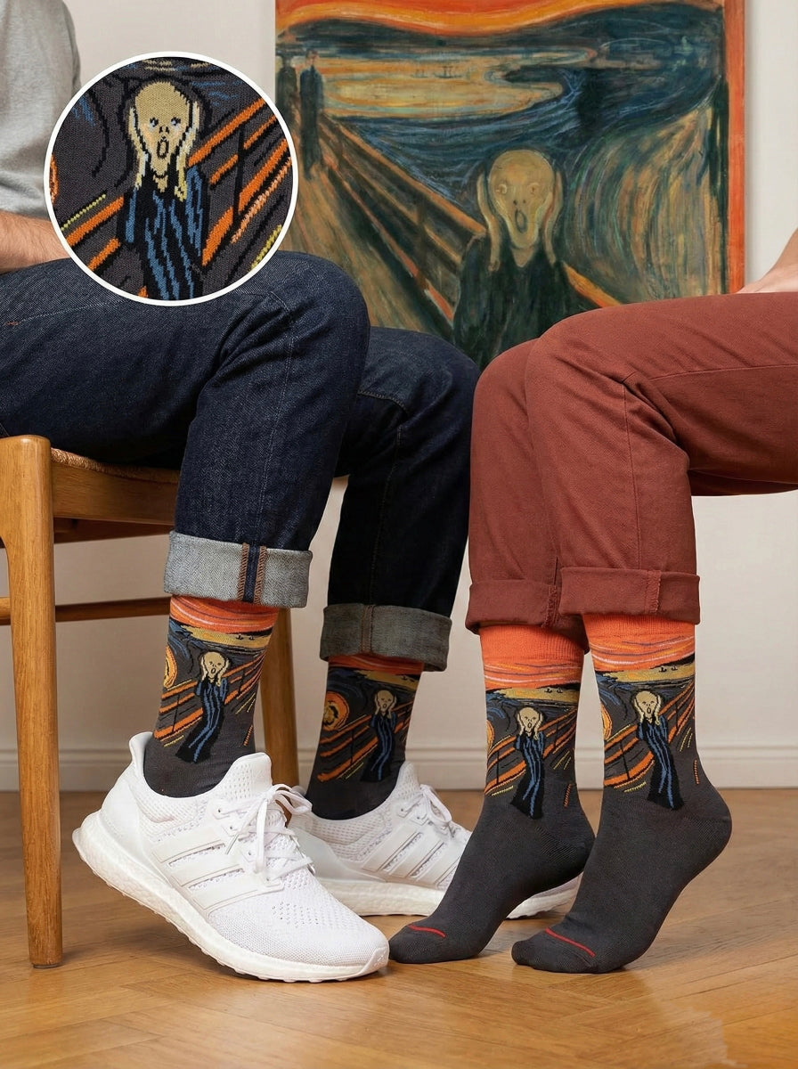 Tamne sive čarape Gogh Scream s motivom Krika Muncha u plavoj boji