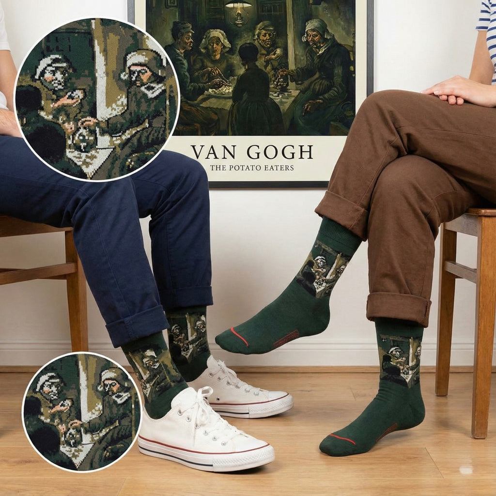 Tamne tamne zelene čarape s pikseliranim Van Goghovim ’Jedoćima krompira