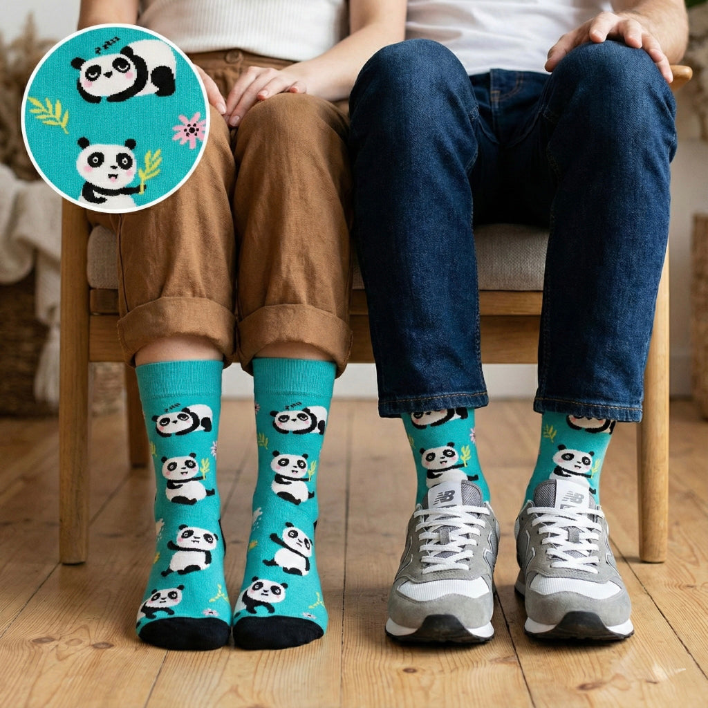 Plave zelene čarape PANDA ČARAPE s pandama, bambusom i ružičastim cvjetovima