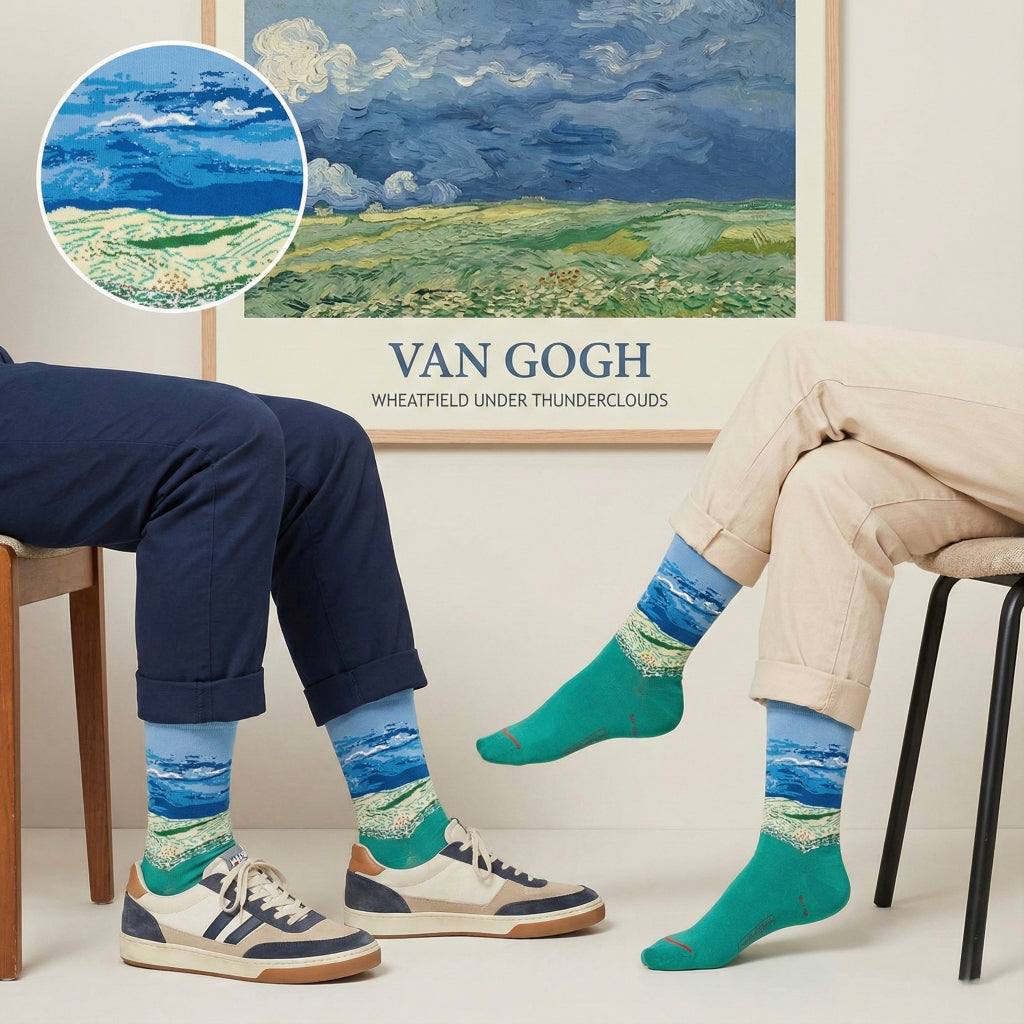 Plave i plavo uzorčaste čarape s dizajnom Van Goghovog Wheatfield under Thunderclouds