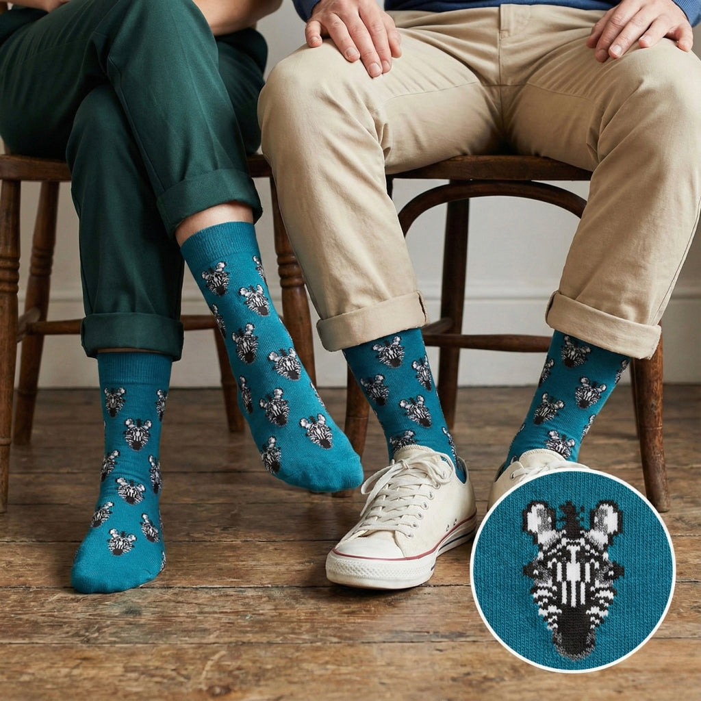 Teal čarape ZEBRA ČARAPE s pikseliziranim uzorkom zebra lica u crno-bijeloj boji