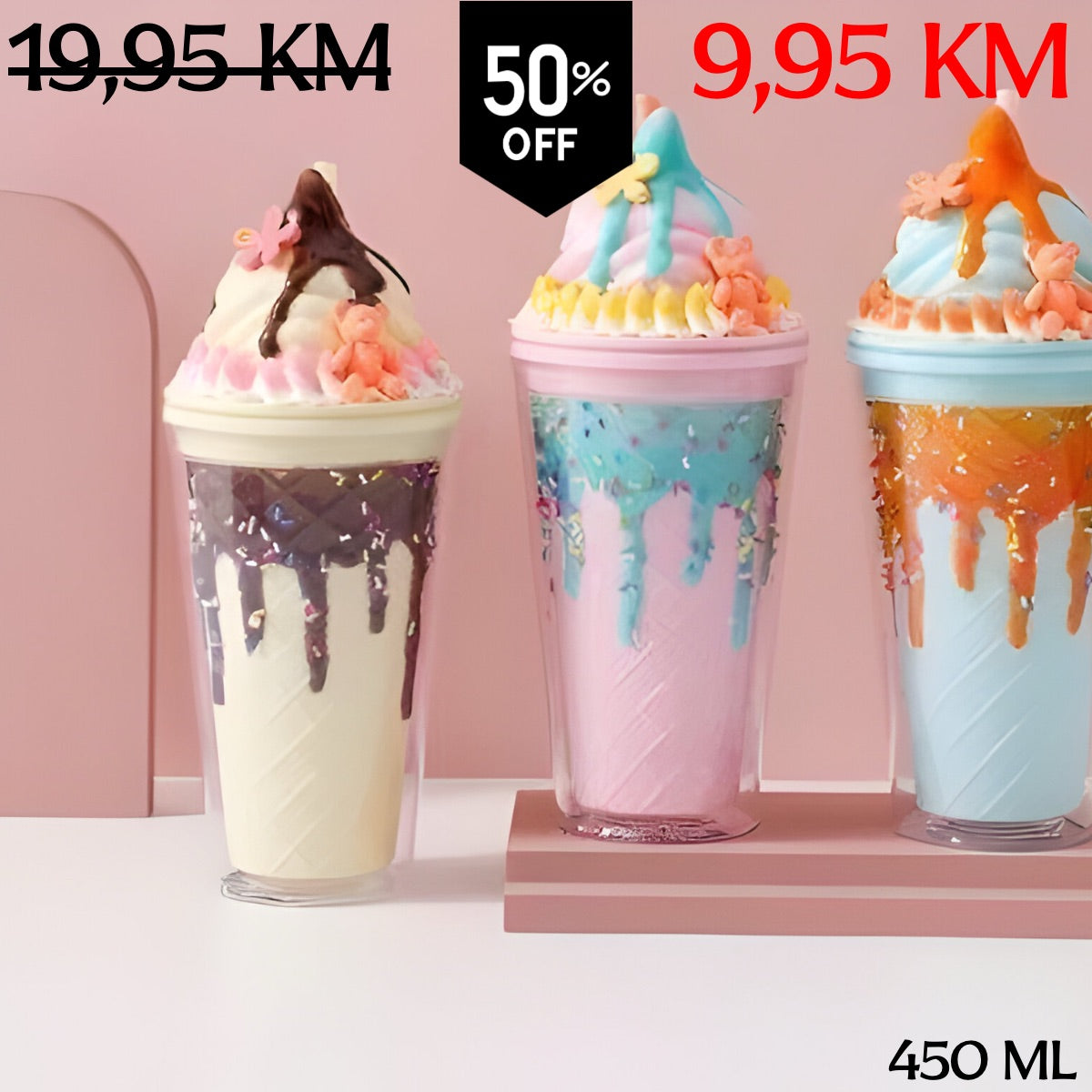 Tri boje prozirne plastične boce CREAM LATTE FLAŠA s dizajnom sladoleda i toppingovima